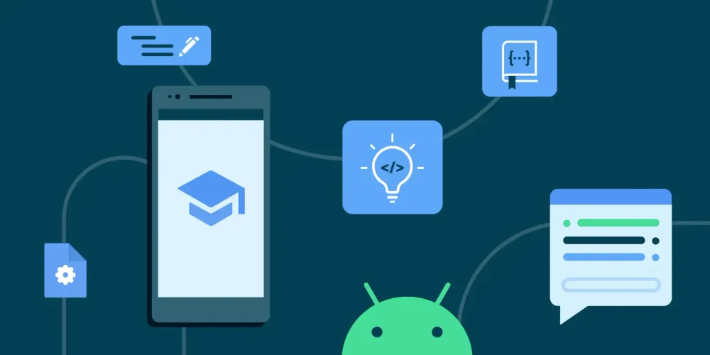 Image shoring Android mascot, prompts and phone.